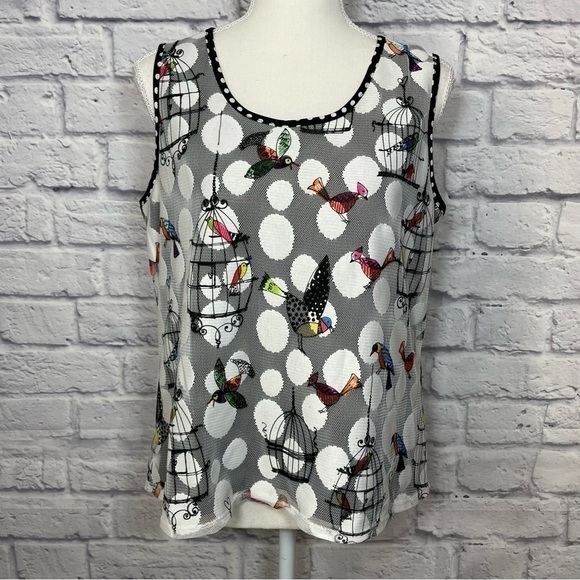 BRAND Unknown Polka Dot Bird and Cages Print on Mesh Overlay Top Size Unknown - Picture 2 of 7